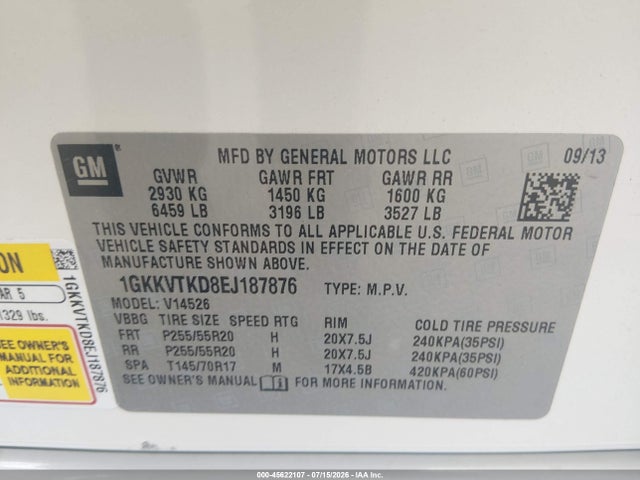 45622107 :رقم المزاد ، 1GKKVTKD8EJ187876 vin ، 2014 Gmc Acadia Denali مزاد بيع