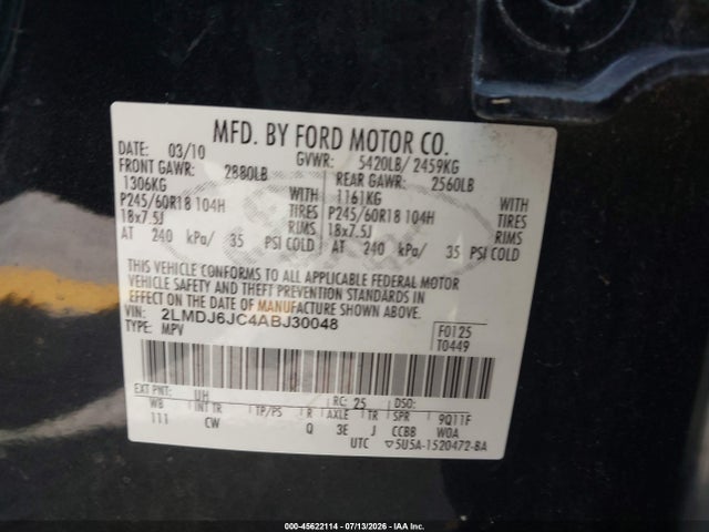 Aukcja sprzedaży 2010 Lincoln Mkx, vin: 2LMDJ6JC4ABJ30048, numer aukcji: 45622114