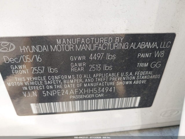 Продаж на аукціоні авто 2017 Hyundai Sonata, vin: 5NPE24AFXHH534941, номер лоту: 45622131