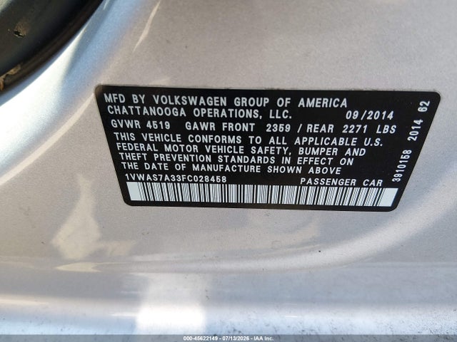 Продажа на аукционе авто 2015 Volkswagen Passat 1.8t Wolfsburg Edition, vin: 1VWAS7A33FC028458, номер лота: 45622149