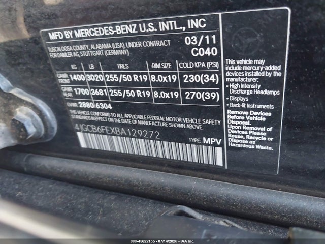 Auction sale of the 2011 Mercedes-benz R 350 4matic, vin: 4JGCB6FEXBA129272, lot number: 45622155