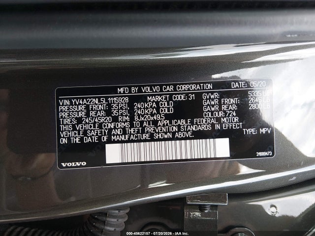 45622157 :رقم المزاد ، YV4A22NL5L1115928 vin ، 2020 Volvo V90 Cross Country T6 مزاد بيع