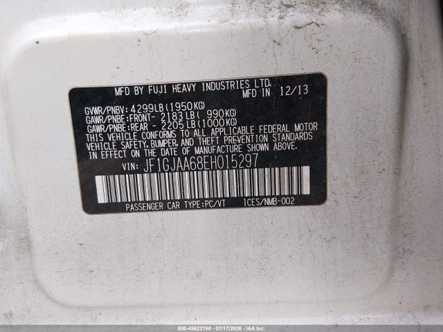 Aukcja sprzedaży 2014 Subaru Impreza 2.0i, vin: JF1GJAA68EH015297, numer aukcji: 45622158