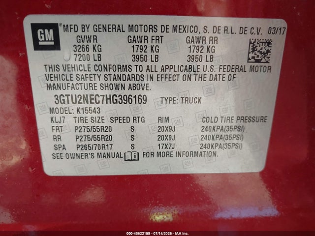 Aukcja sprzedaży 2017 Gmc Sierra 1500 Slt, vin: 3GTU2NEC7HG396169, numer aukcji: 45622159