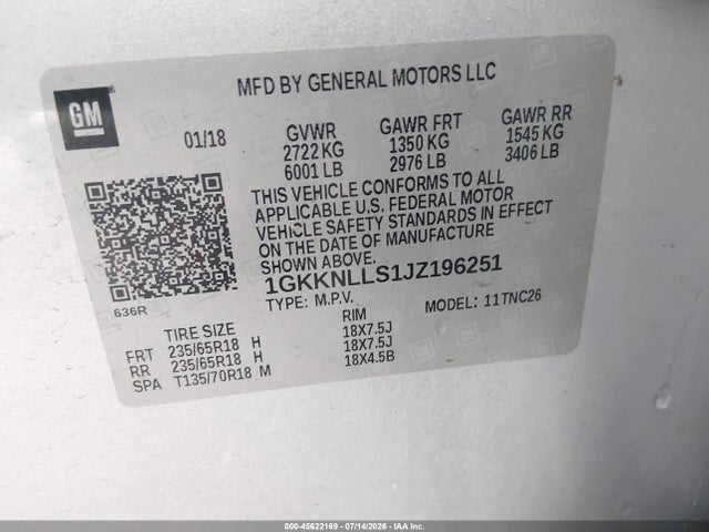 Aukcja sprzedaży 2018 Gmc Acadia Sle-2, vin: 1GKKNLLS1JZ196251, numer aukcji: 45622169
