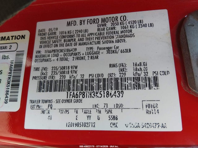 2019 Ford Mustang Ecoboost Premium მანქანა იყიდება აუქციონზე, vin: 1FA6P8TH3K5186439, აუქციონის ნომერი: 45622170