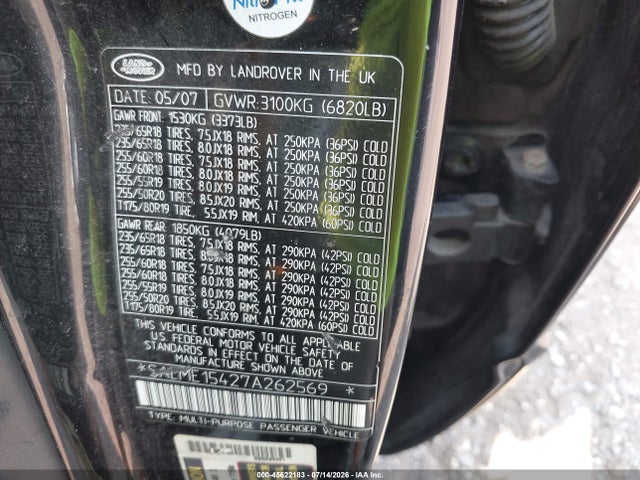 45622183 :رقم المزاد ، SALME15427A262569 vin ، 2007 Land Rover Range Rover Hse مزاد بيع
