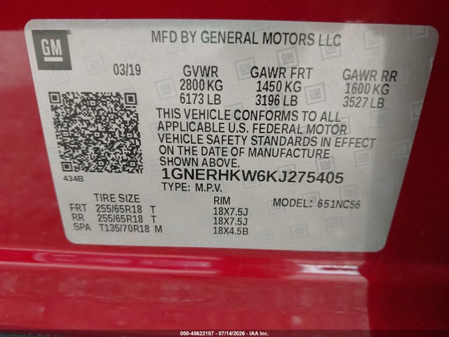 2019 Chevrolet Traverse 3lt მანქანა იყიდება აუქციონზე, vin: 1GNERHKW6KJ275405, აუქციონის ნომერი: 45622187