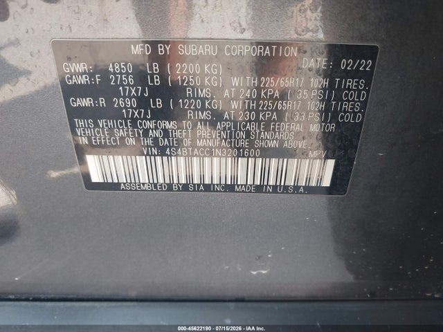 45622190 :رقم المزاد ، 4S4BTACC1N3201600 vin ، 2022 Subaru Outback Premium مزاد بيع