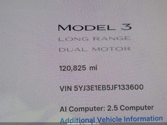 2018 Tesla Model 3 Long Range/performance მანქანა იყიდება აუქციონზე, vin: 5YJ3E1EB5JF133600, აუქციონის ნომერი: 45622195