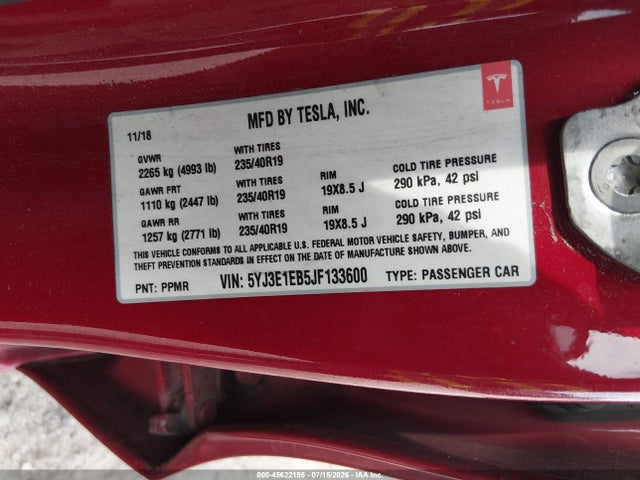 2018 Tesla Model 3 Long Range/performance მანქანა იყიდება აუქციონზე, vin: 5YJ3E1EB5JF133600, აუქციონის ნომერი: 45622195