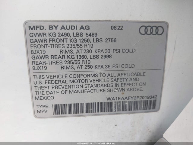 Продаж на аукціоні авто 2023 Audi Q5 Premium Plus 45 Tfsi S Line Quattro, vin: WA1EAAFY2P2019342, номер лоту: 45622221