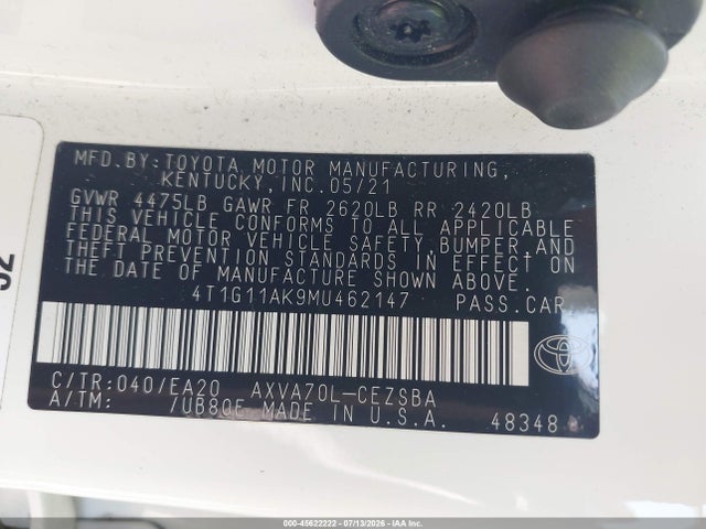 Aukcja sprzedaży 2021 Toyota Camry Se, vin: 4T1G11AK9MU462147, numer aukcji: 45622222