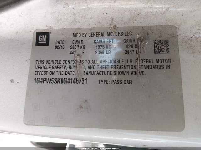 Aukcja sprzedaży 2016 Buick Verano Sport Touring Group, vin: 1G4PW5SK0G4146731, numer aukcji: 45622223
