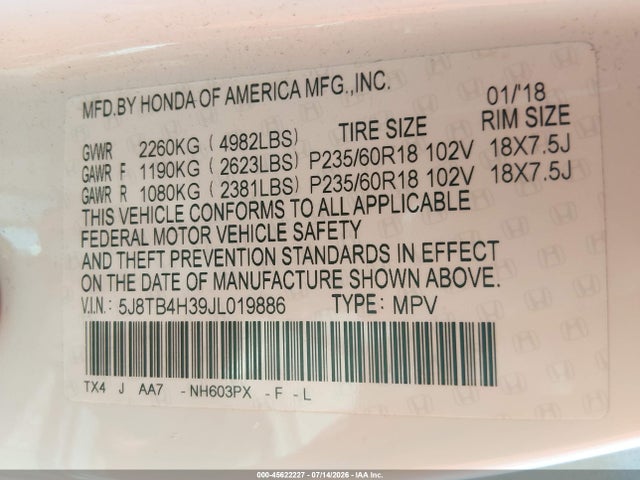 45622227 :رقم المزاد ، 5J8TB4H39JL019886 vin ، 2018 Acura Rdx Acurawatch Plus Package مزاد بيع