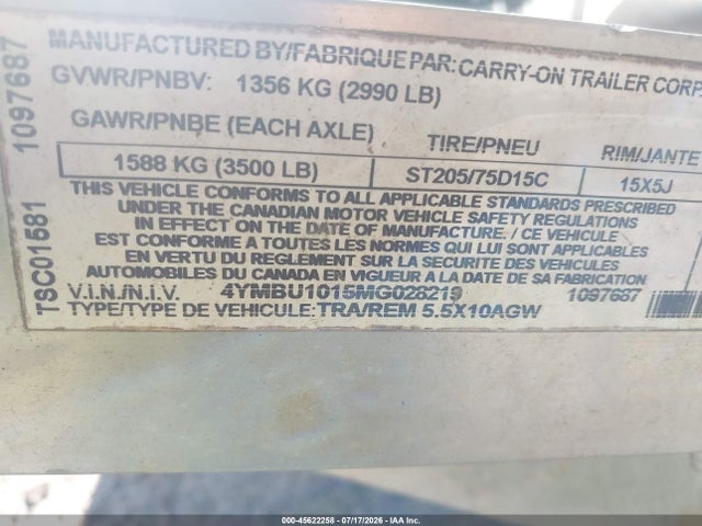 2021 Carry-on Utility Trailer მანქანა იყიდება აუქციონზე, vin: 4YMBU1015MG028219, აუქციონის ნომერი: 45622258