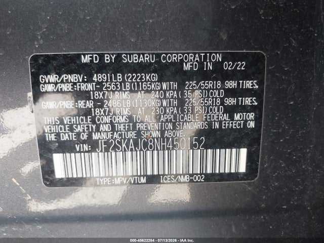 45622284 :رقم المزاد ، JF2SKAJC8NH450152 vin ، 2022 Subaru Forester Sport مزاد بيع