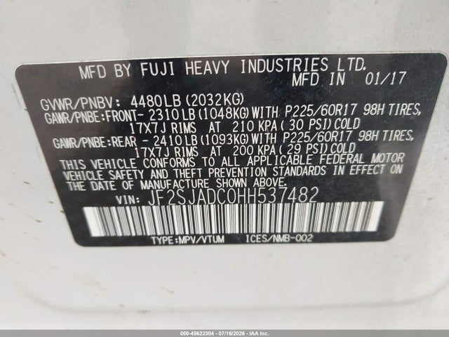 Aukcja sprzedaży 2017 Subaru Forester 2.5i Premium, vin: JF2SJADC0HH537482, numer aukcji: 45622304