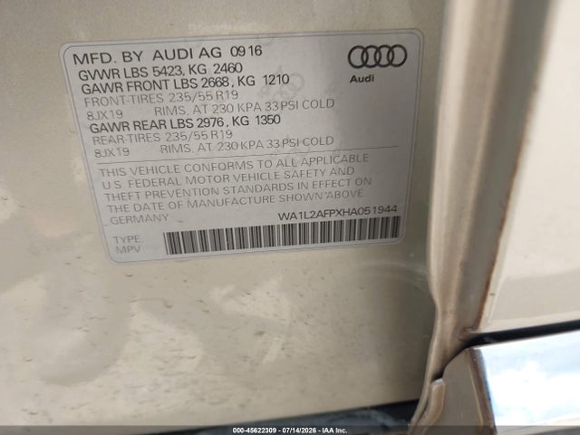 Продажа на аукционе авто 2017 Audi Q5 2.0t Premium, vin: WA1L2AFPXHA051944, номер лота: 45622309