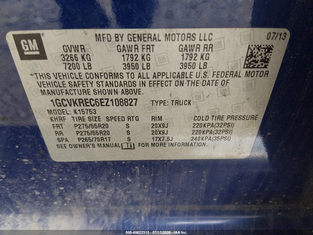 45622313 :رقم المزاد ، 1GCVKREC6EZ108827 vin ، 2014 Chevrolet Silverado 1500 Lt مزاد بيع