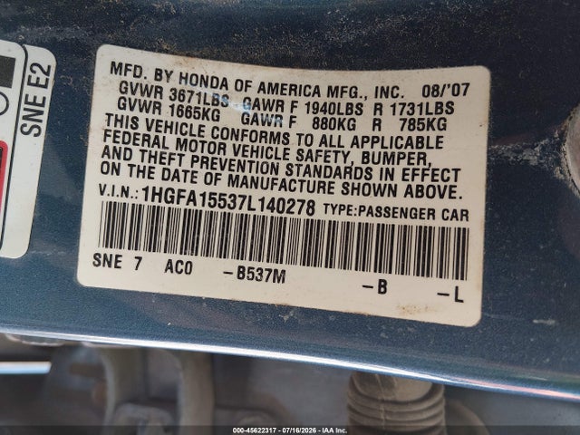 45622317 :رقم المزاد ، 1HGFA15537L140278 vin ، 2007 Honda Civic Lx مزاد بيع