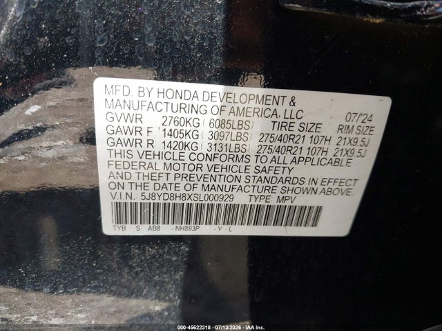 45622318 :رقم المزاد ، 5J8YD8H8XSL000929 vin ، 2025 Acura Mdx Type S Advance Package مزاد بيع