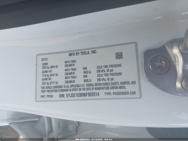 2021 Tesla Model 3 Long Range Dual Motor All-wheel Drive მანქანა იყიდება აუქციონზე, vin: 5YJ3E1EB8MF902014, აუქციონის ნომერი: 45622323
