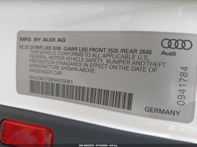 Aukcja sprzedaży 2022 Audi A5 Sportback Premium 45 Tfsi S Line Quattro S Tronic, vin: WAUDACF58NA029361, numer aukcji: 45622343
