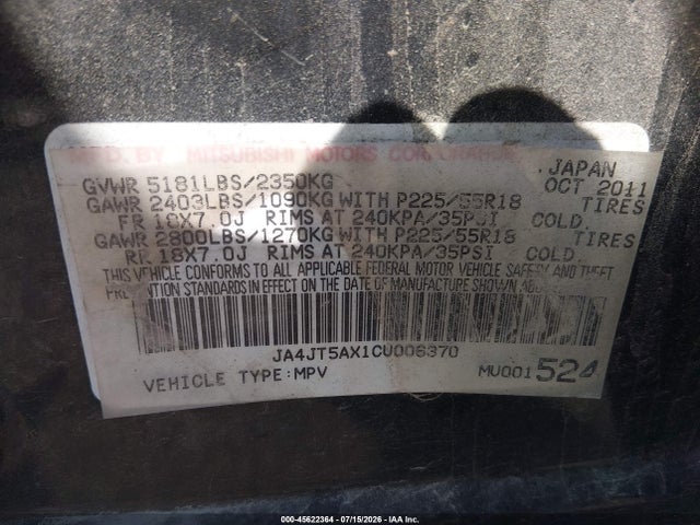Aukcja sprzedaży 2012 Mitsubishi Outlander Gt, vin: JA4JT5AX1CU006370, numer aukcji: 45622364