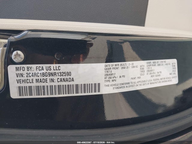 Продажа на аукционе авто 2022 Chrysler Pacifica Touring L, vin: 2C4RC1BG9NR132590, номер лота: 45622367
