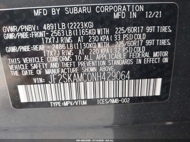 Aukcja sprzedaży 2022 Subaru Forester Wilderness, vin: JF2SKAMC0NH429064, numer aukcji: 45622369