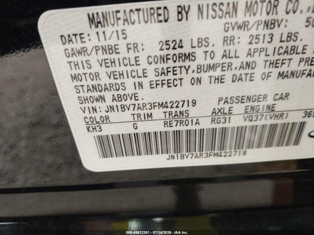 Aukcja sprzedaży 2015 Infiniti Q50 Premium, vin: JN1BV7AR3FM422719, numer aukcji: 45622381