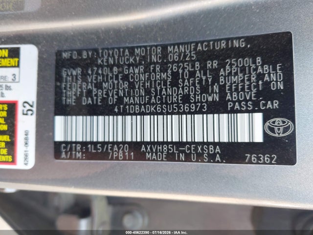 Aukcja sprzedaży 2025 Toyota Camry Se, vin: 4T1DBADK6SU536973, numer aukcji: 45622390