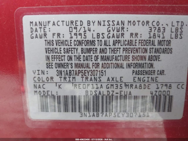 Nissan SENTRA SV 2014 3N1AB7AP5EY307151 Image 9