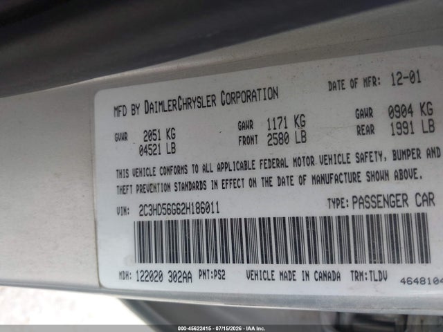 2002 Chrysler Concorde Limited მანქანა იყიდება აუქციონზე, vin: 2C3HD56G62H186011, აუქციონის ნომერი: 45622415