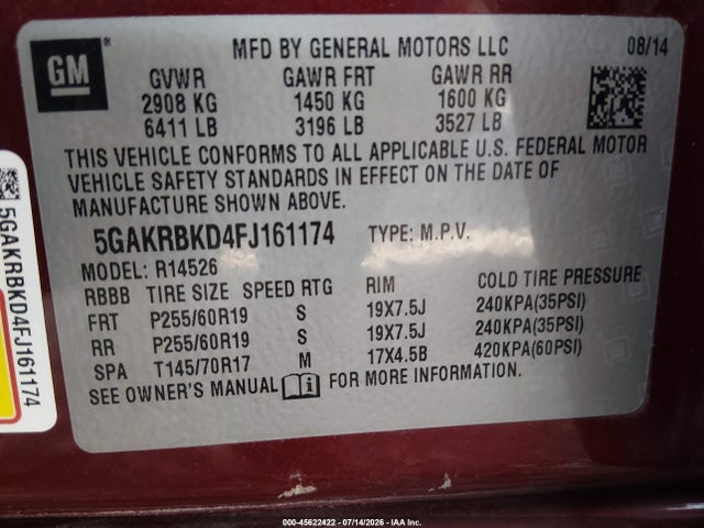 Продажа на аукционе авто 2015 Buick Enclave Leather, vin: 5GAKRBKD4FJ161174, номер лота: 45622422