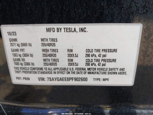 Auction sale of the 2023 Tesla Model Y Awd/long Range Dual Motor All-wheel Drive, vin: 7SAYGAEE8PF902600, lot number: 45622431