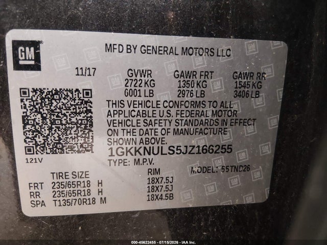 Auction sale of the 2018 Gmc Acadia Slt-1, vin: 1GKKNULS5JZ166255, lot number: 45622455