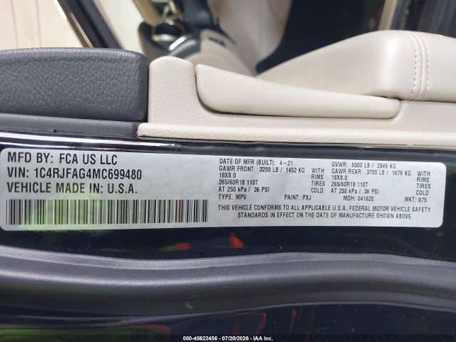 Aukcja sprzedaży 2021 Jeep Grand Cherokee Laredo E 4x4, vin: 1C4RJFAG4MC699480, numer aukcji: 45622456