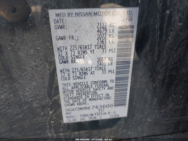 Продажа на аукционе авто 2017 Nissan Rogue Sv, vin: 5N1AT2MV8HC763600, номер лота: 45622460