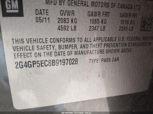 45622464 :رقم المزاد ، 2G4GP5EC8B9197028 vin ، 2011 Buick Regal Cxl Oshawa مزاد بيع