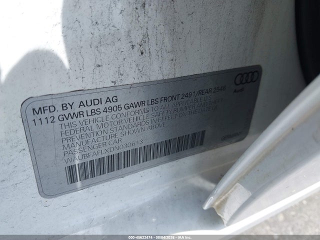 2013 Audi A4 2.0t Premium მანქანა იყიდება აუქციონზე, vin: WAUBFAFLXDN030613, აუქციონის ნომერი: 45622474