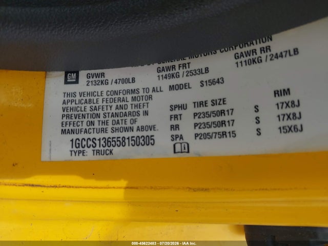 45622483 :رقم المزاد ، 1GCCS136558150305 vin ، 2005 Chevrolet Colorado Ls مزاد بيع