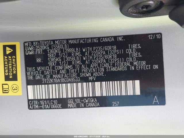 45622490 :رقم المزاد ، 2T2ZK1BA1BC049533 vin ، 2011 Lexus Rx 350 مزاد بيع