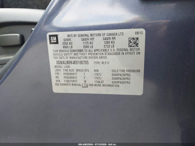 2014 Chevrolet Equinox Lt მანქანა იყიდება აუქციონზე, vin: 2GNALBEK4E6106765, აუქციონის ნომერი: 45622504