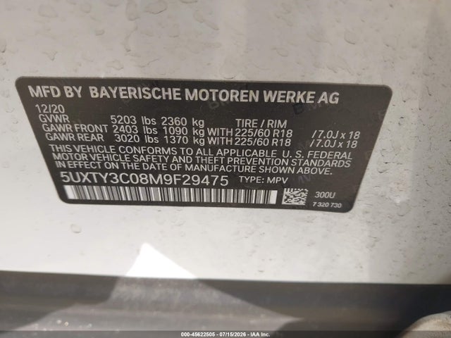 Продажа на аукционе авто 2021 Bmw X3 Sdrive30i, vin: 5UXTY3C08M9F29475, номер лота: 45622505