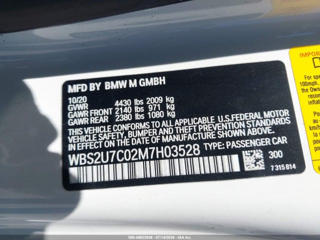 2021 Bmw M2 Competition მანქანა იყიდება აუქციონზე, vin: WBS2U7C02M7H03528, აუქციონის ნომერი: 45622509