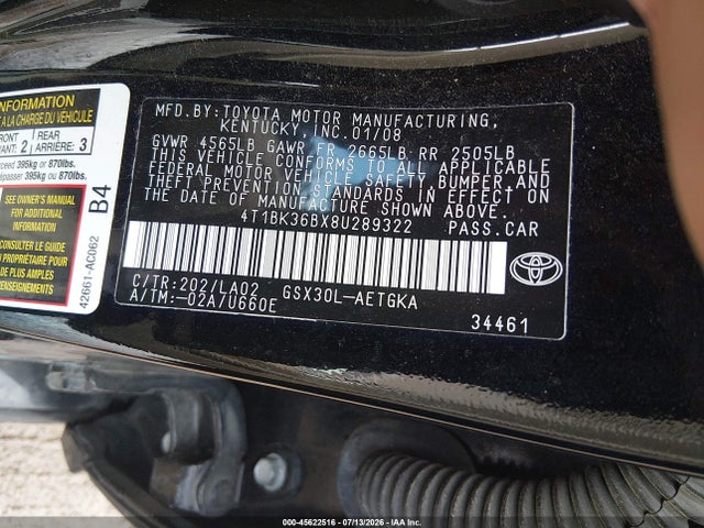 Aukcja sprzedaży 2008 Toyota Avalon Xls, vin: 4T1BK36BX8U289322, numer aukcji: 45622516