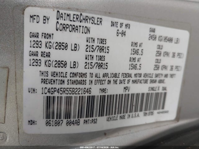 2005 Chrysler Town & Country მანქანა იყიდება აუქციონზე, vin: 1C4GP45R55B221646, აუქციონის ნომერი: 45622517