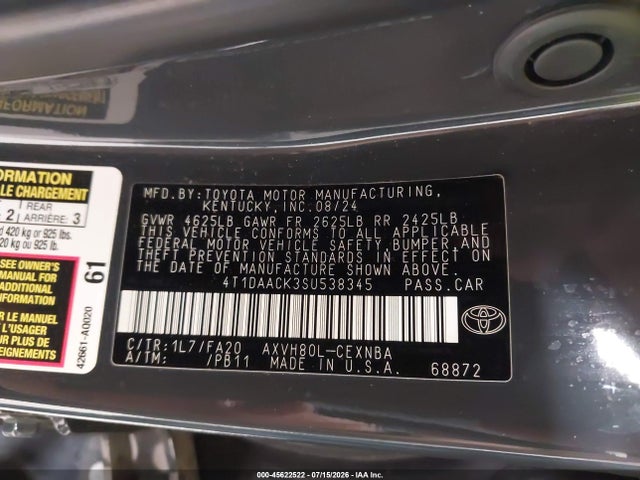 45622522 :رقم المزاد ، 4T1DAACK3SU538345 vin ، 2025 Toyota Camry Le مزاد بيع